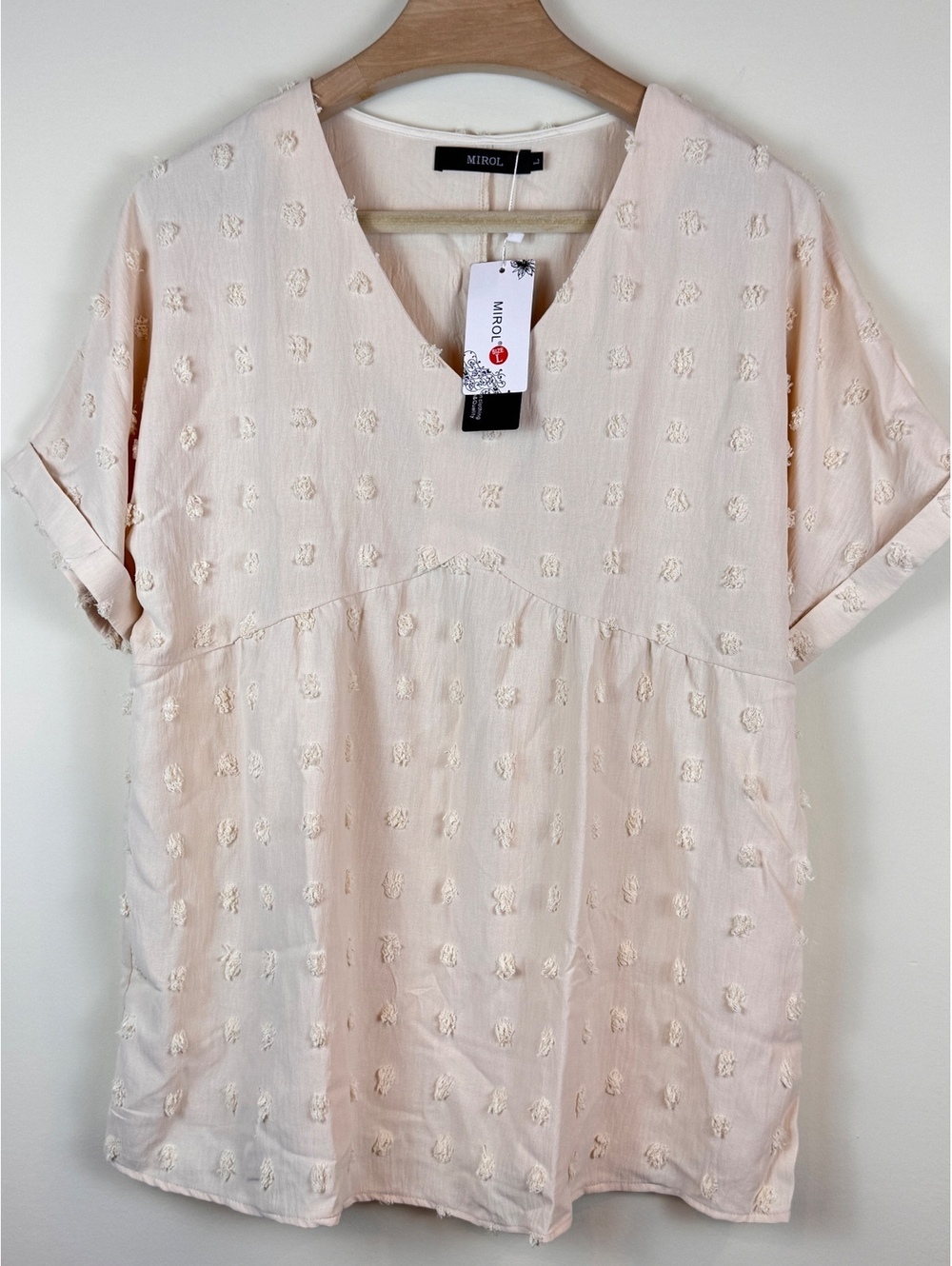 MIROL NWT Swiss Dot Textured V Neck Babydoll Tunic Blouse Pink Large Boho